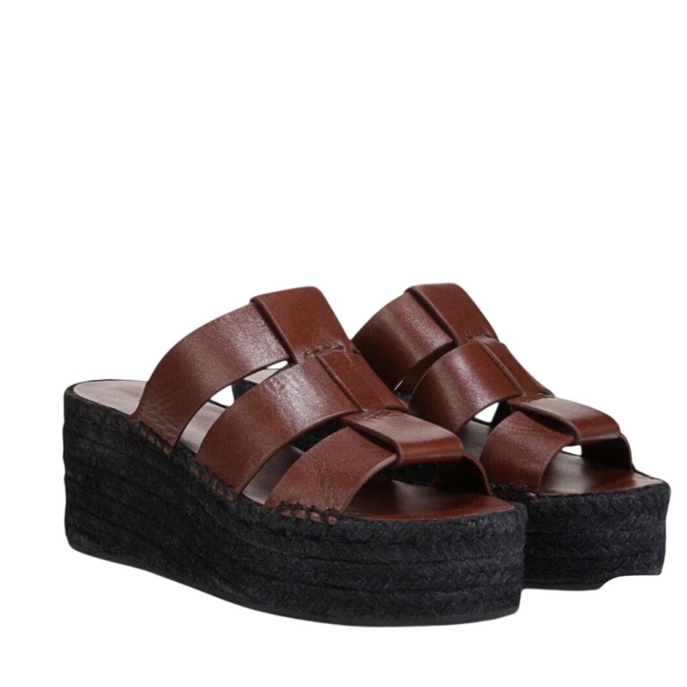 Vince Sabella Mahogany Leather Wedge Raffia Platform Crossover Slide Sandal 7